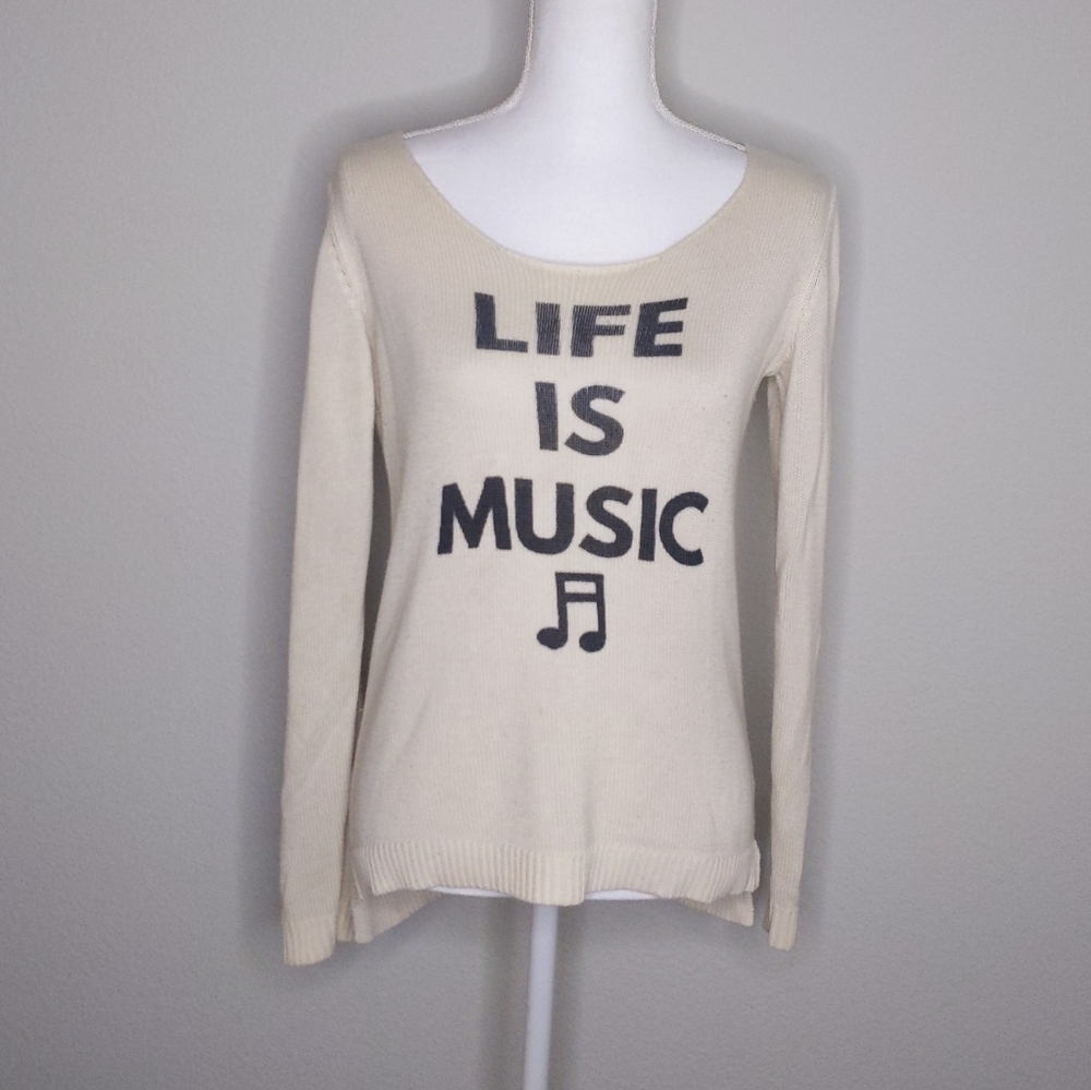 Hot Topic “Life Is Music” Beige Sweater Lace-Up Back Women’s Medium - Picture 3 of 11
